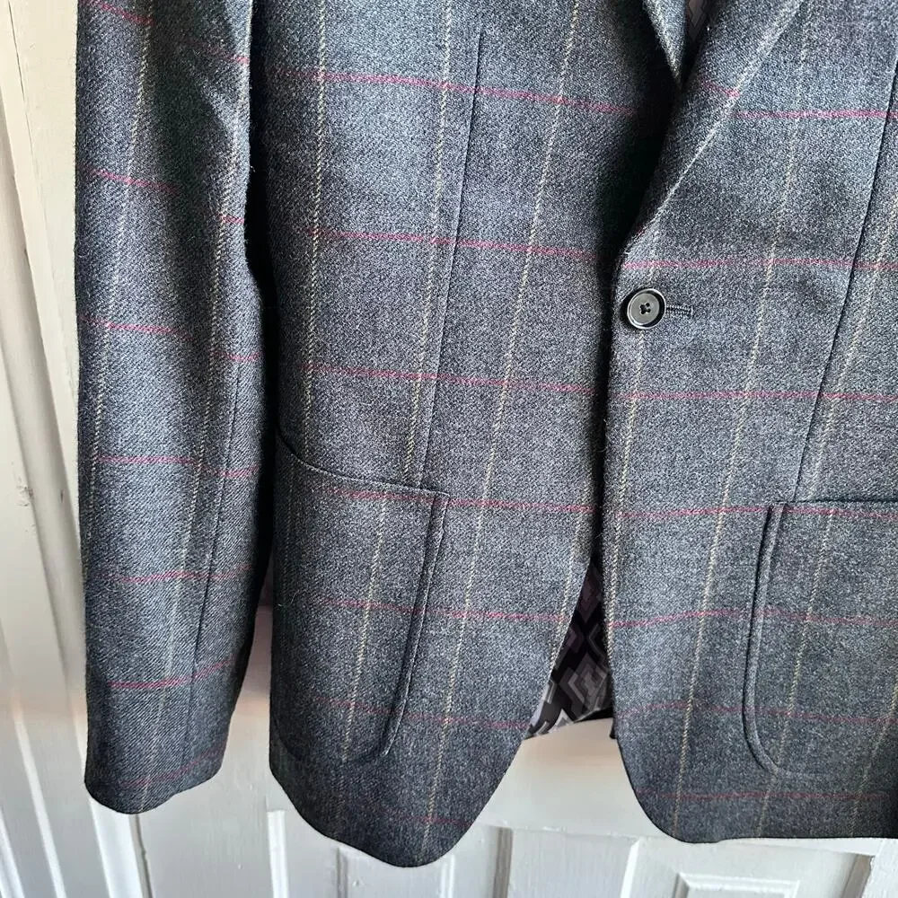 Indochino Made For You 100% Wool Windowpane Blazer Sport Coat Gray 2 Button